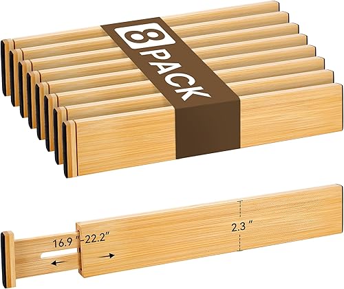 Vista 8 de Juego de 4 separadores de cajones de bambú, organizador de cajones ajustable con resorte (16.9-22.2 pulgadas), 2.3 pulgadas de altura, adecuado