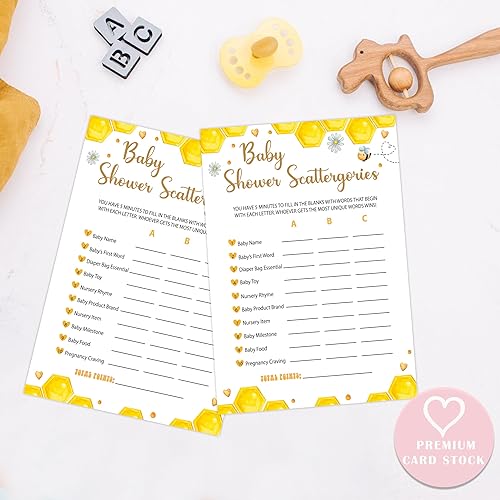 Miniatura 3 de Qoqxjodd Bee Baby Shower Scattergories Game, paquete de 30 tarjetas de juego, juego de baby shower, género neutro niño o niña, divertido juego y
