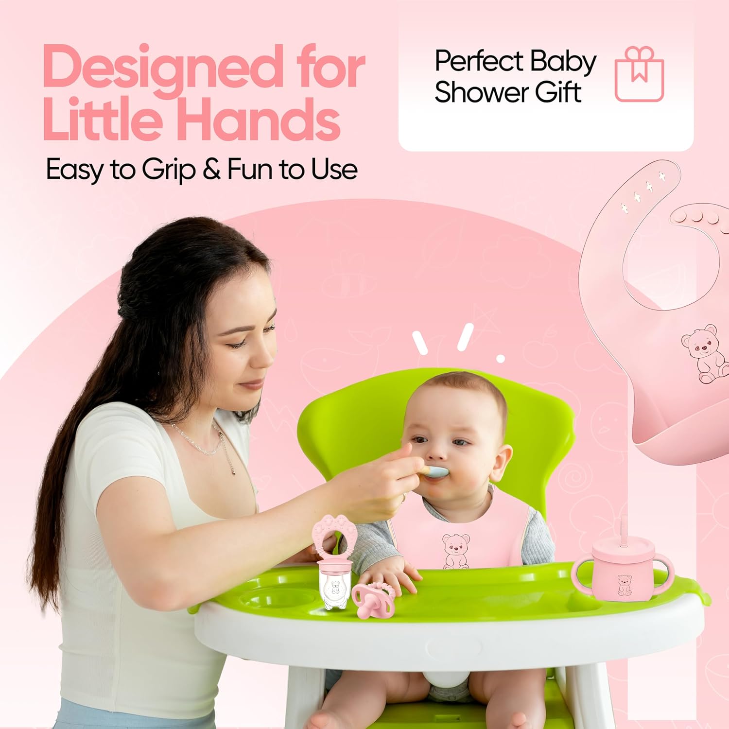 9-Piece Silicone Baby Feeding Set | Suction Bowl, Plate, Bib, Cup, Fork & Spoon | BPA-Free Food-Grade Silicone Baby Tableware | Baby-Led Weaning | Dishwasher (Pink)