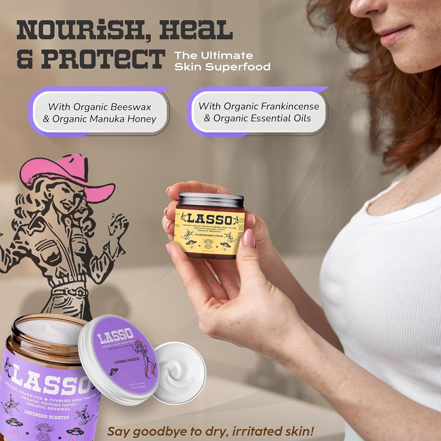 LASSO Beef Tallow Face Moisturizer with Grass-Fed/Finished Beef Tallow for Skin, Manuka Honey and Beeswax, Unscented and Manuka Honey Balm