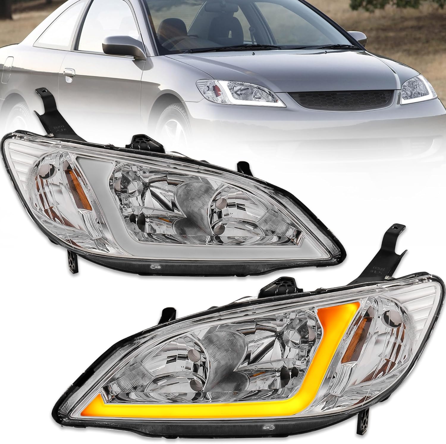 Pair Headlights Assembly Replacement Compatible for 2004 2005 Honda Civic 2 Door /4 Door Chrome Housing LED DRL&Amber Sequential Signals with Clear Lens Amber Reflector Front Lamps
