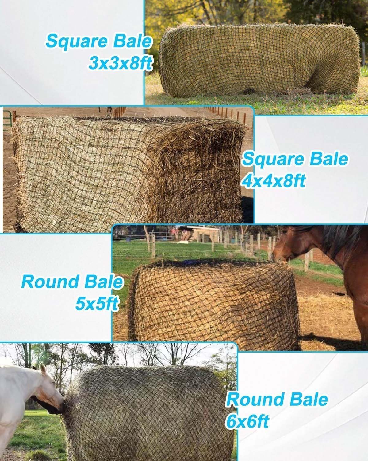 5x5Ft Round Bale Hay Net, Slow Feeder Hay Net for Round Bale 4x4-5x5 and Square Bale 3x3x8-4x4x8, for Horses Cattle Sheep in Farms and Pastures, Heavy Duty Livestocks