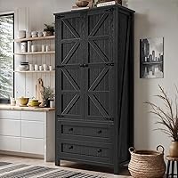 DWVO 64.5" Farmhouse Kitchen Pantry Cabinet with Barn Doors, 2 Drawers & Adjustable Shelves - Oak Black Storage for Kitchen, Living Room