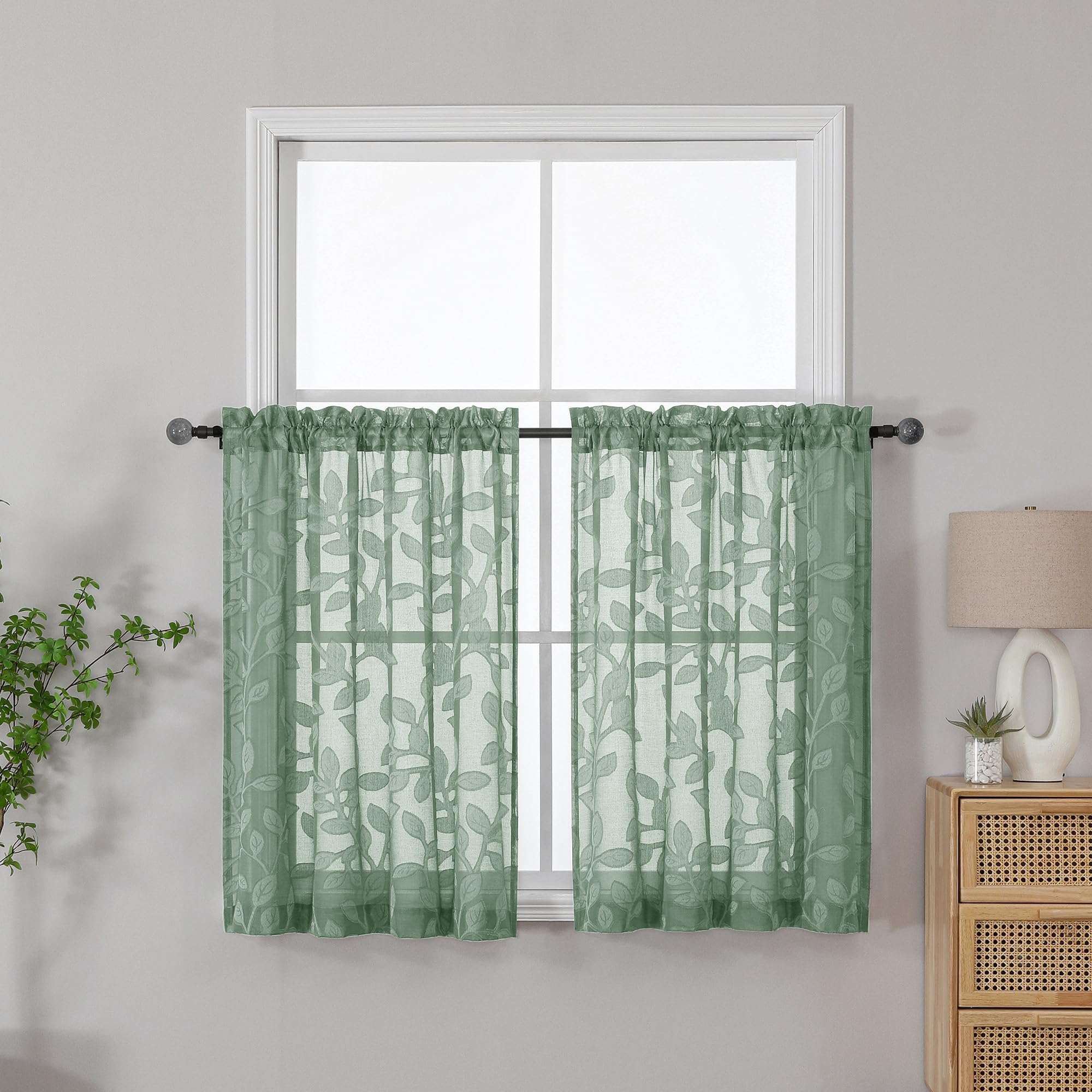 OVZME Sage Green Sheer Kitchen Curtains 42 X 36 Inch Length 2 Panels, Semi Sheer Drapes Light Filtering Bathroom Window Curtains, Jacquard Clip Leaf Pattern Short Curtains for Small Window Tiers โ image 1