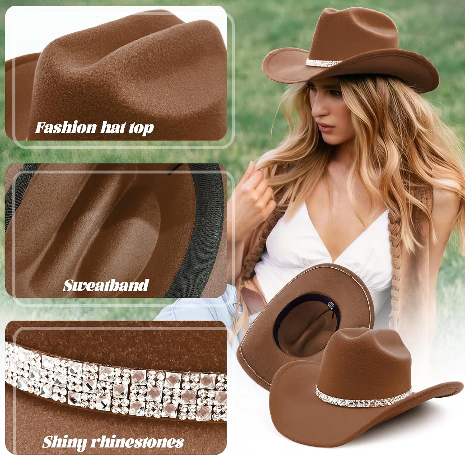 3Pcs Rhinestone Cowboy Hat for Women with Bandana, Heart Sunglasses set, Wide Brim Cowgirl Hat for Western Disco Party - Image 7