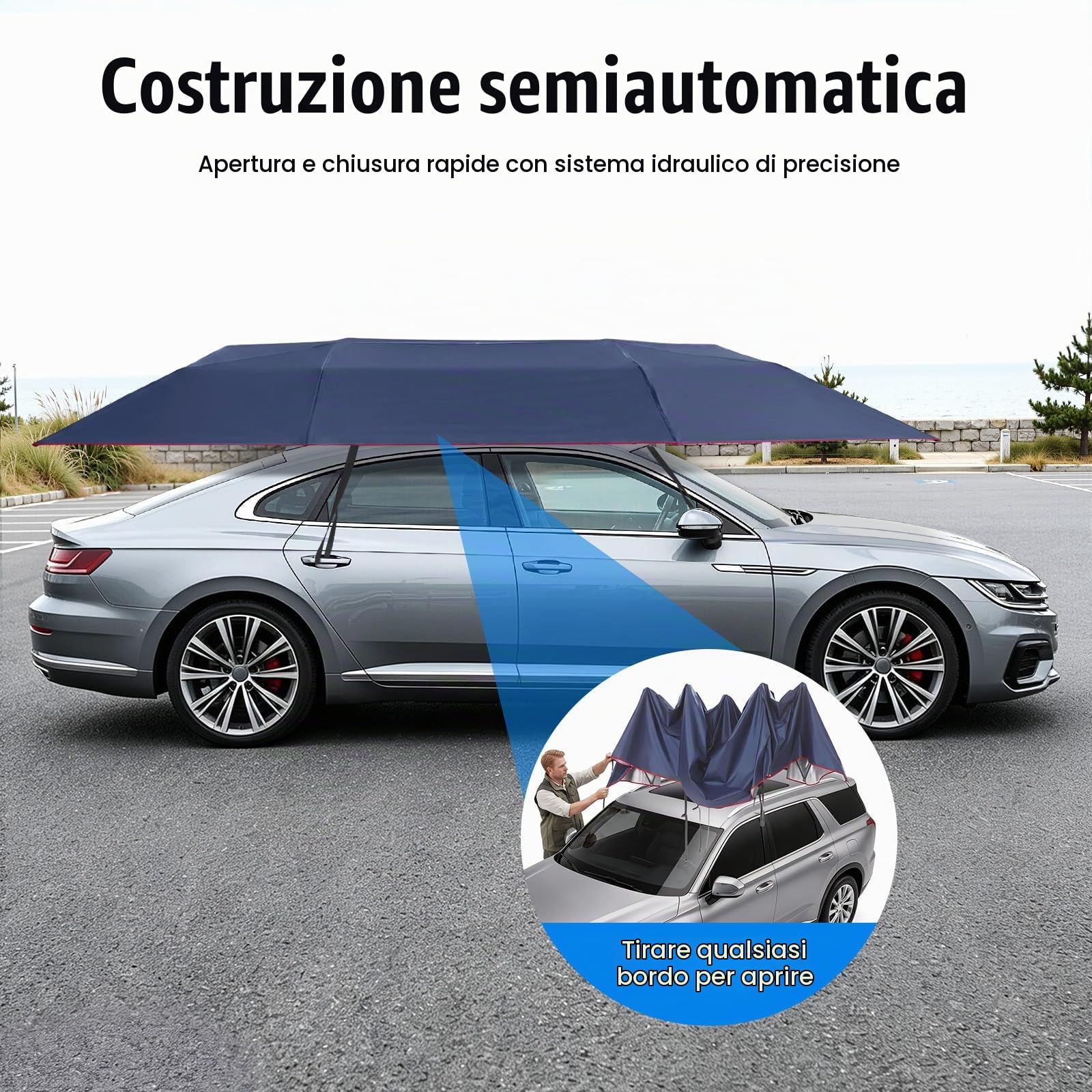 Tenda parasole semiautomatica per auto con UPF 30+, impermeabile, universale, protezione solare, tenda per auto, protezione per tutte le condizioni atmosferiche, per esterni, viaggi, portatile