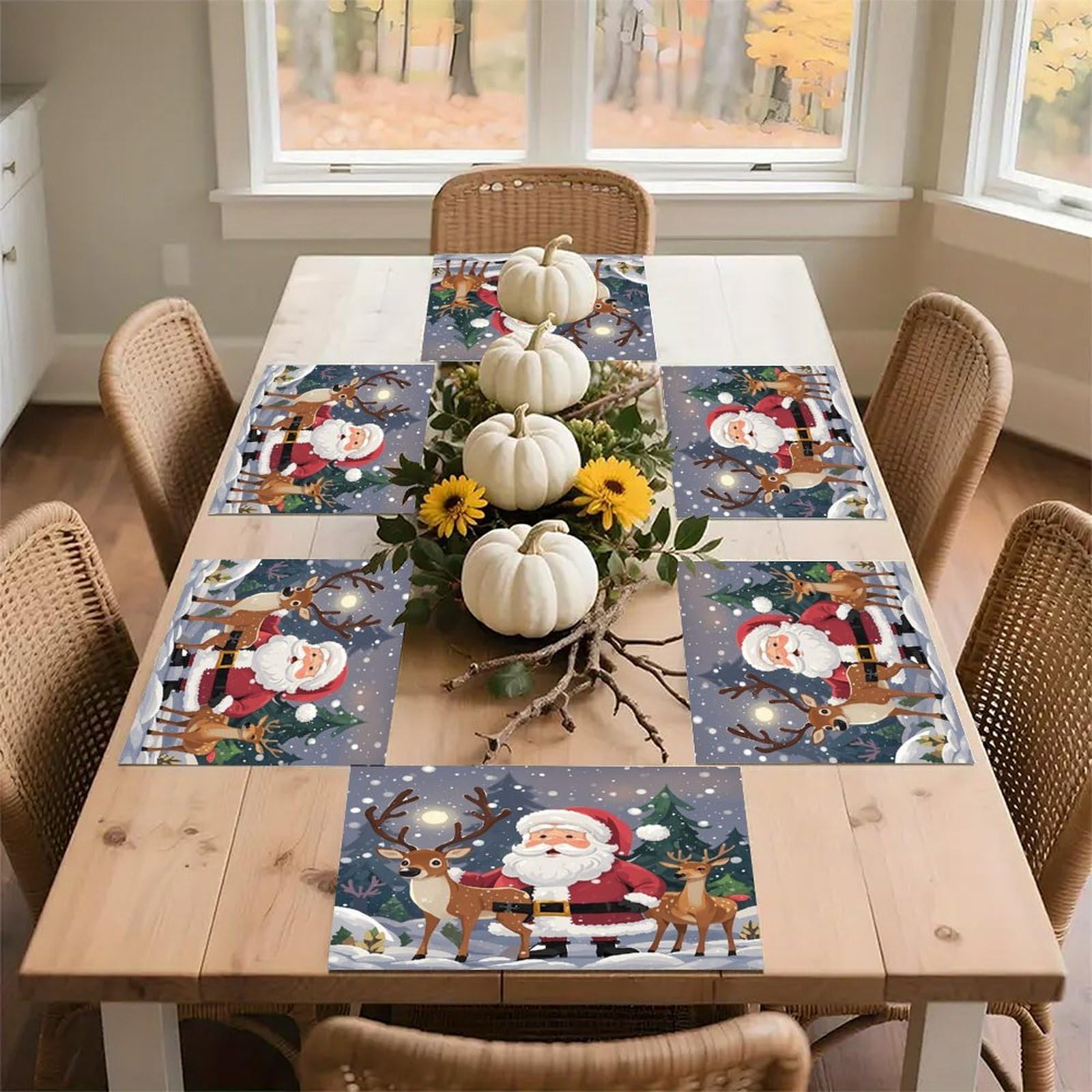 Santa Claus and Deer Elk Placemats Flax Place Mats for Dining Table Rectangle Non-Slip Table Mats Heat Resistant Washable Placemat for Kitchen Home Decor Party Outdoor 12" X 18"