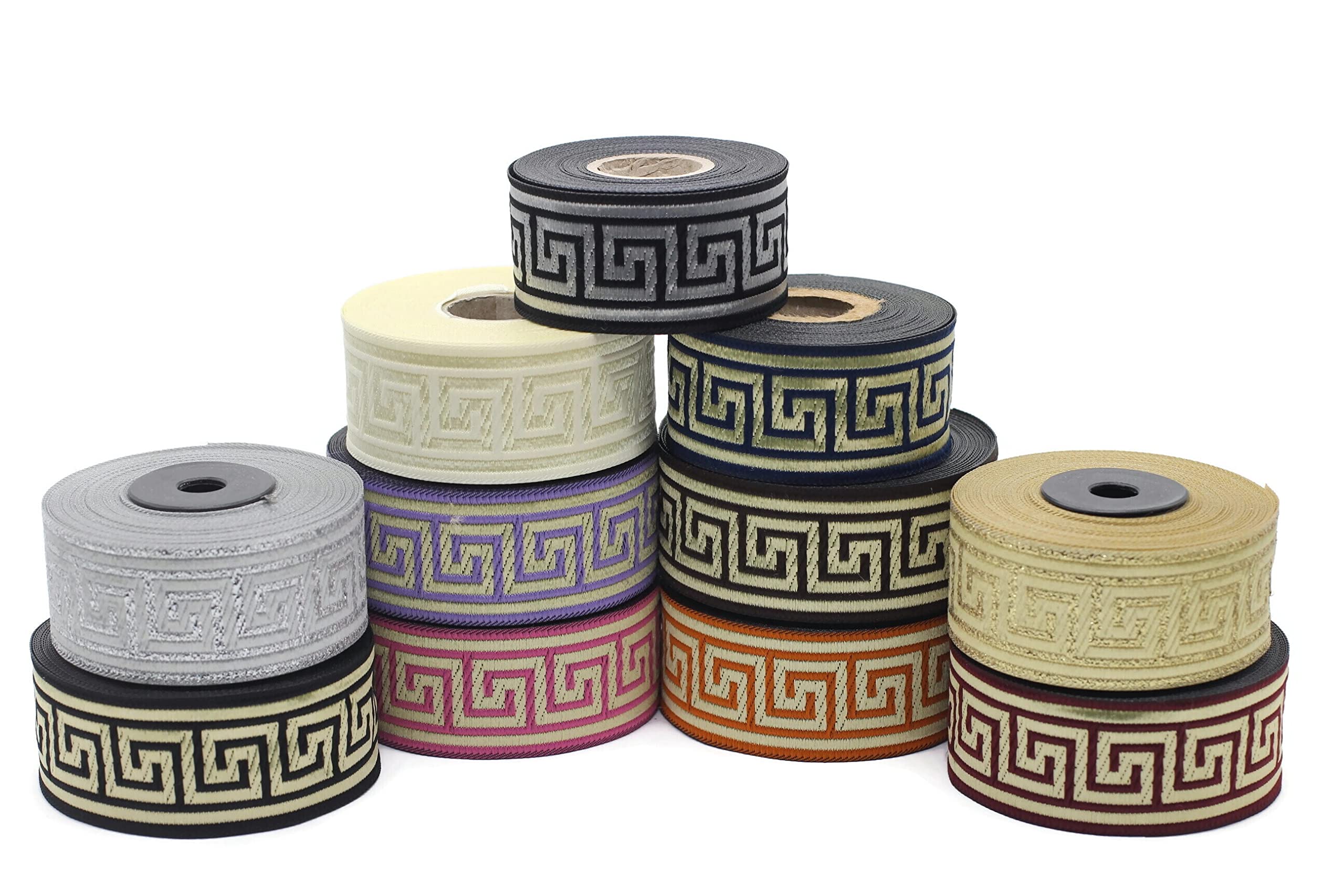 Nastro Jacquard 10m X 3,5cm – Motivo Chiave Greca Oro Rosa E Arancione, Tessuto Medievale Per Decorazioni, Fai Da Te, Regali, Feste