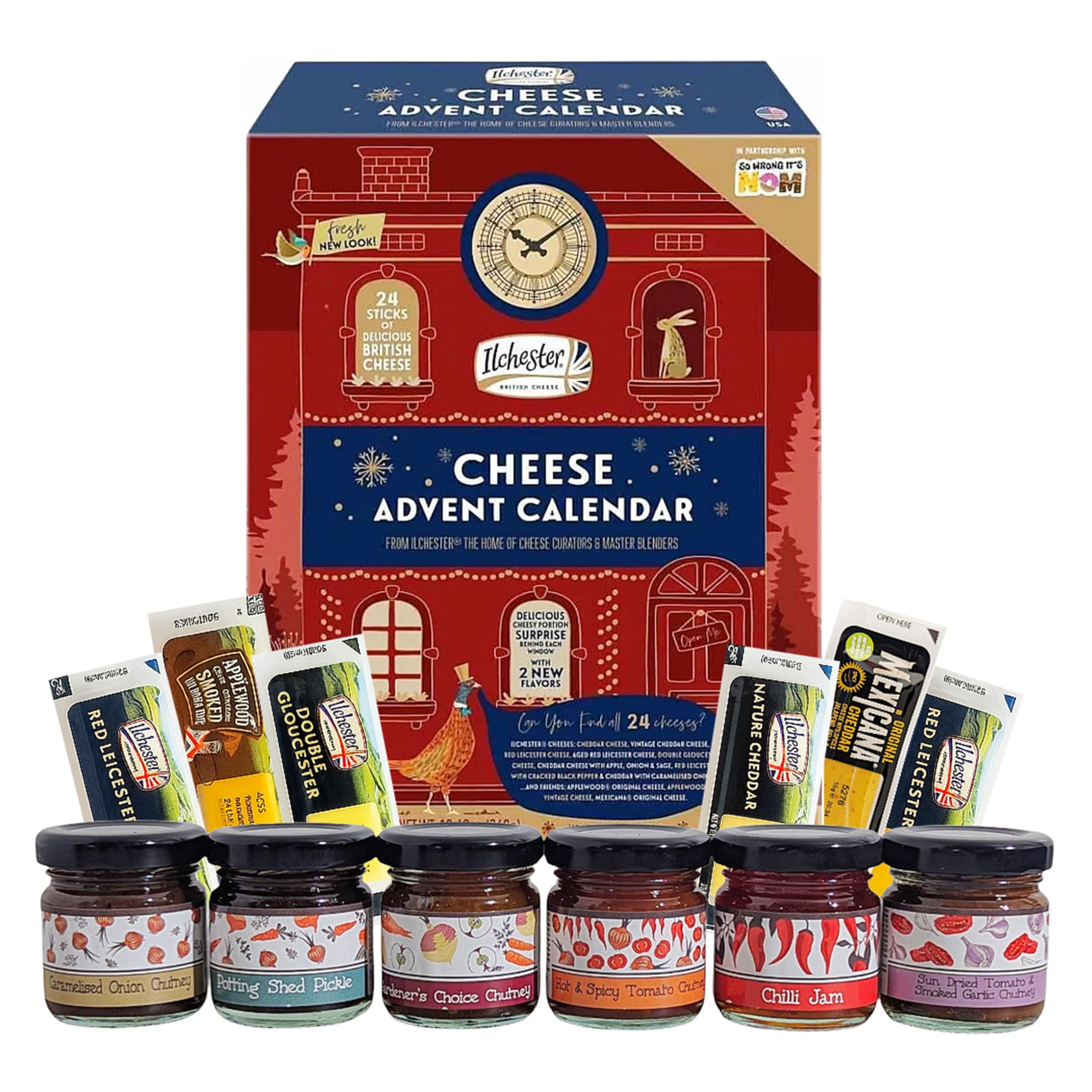 Cheese & Chutney Christmas Hamper Set - Ilchester 24 Days Cheese Advent Calendar 2025 & Selection of 6 Chutneys. Christmas Gifts for Women, Hampers, Mens Gifts