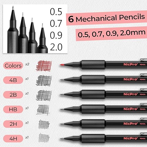 Miniatura 5 de Nicpro Juego de lápices mecánicos de metal, 3 lápices de dibujo artístico de 0.5, 0.7, 0.035 in y 2 lápices de dibujo mecánicos de 0.079 pulgadas y