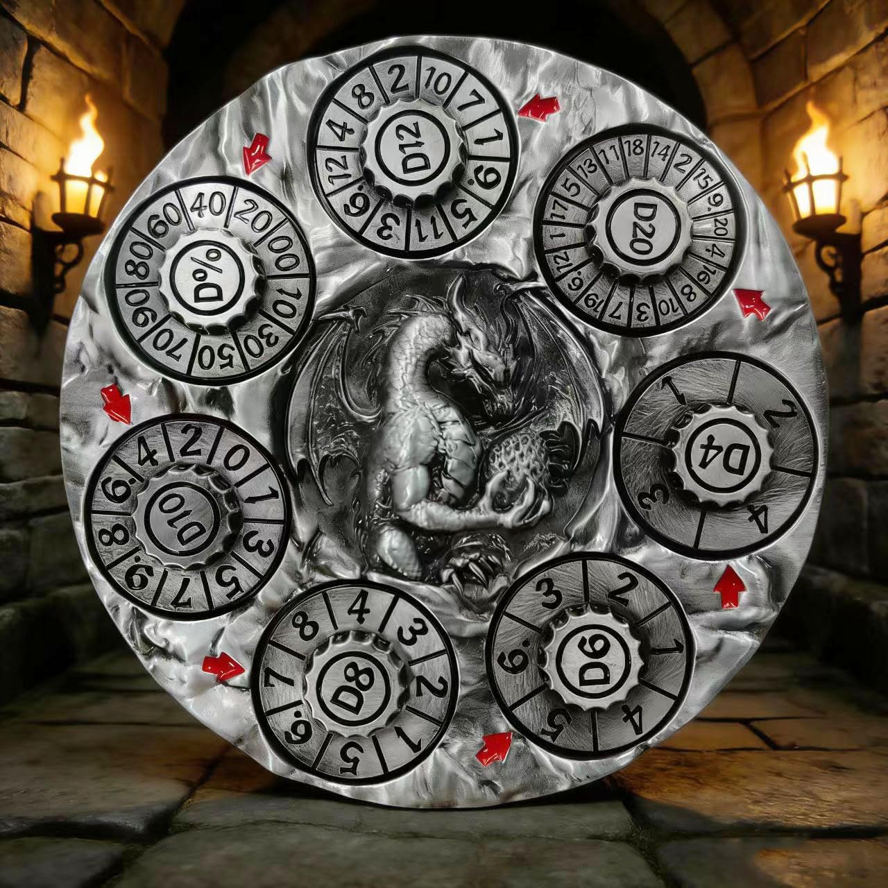 7-in-1 Rotating Metal Dice Roulette Coin - Zinc Alloy Spinner Polyhedral Dice Alternative for TTRPG, Role Playing Games, Math Games - 3D Dragon Relief Design