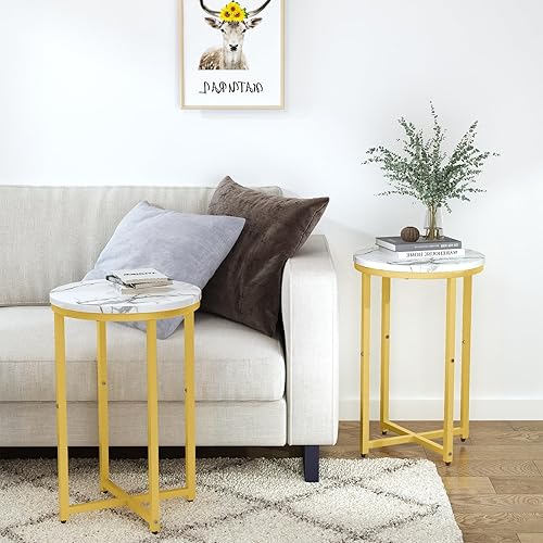 Miniatura 7 de LinkRomat Mesa auxiliar redonda, mesa auxiliar blanca de mármol sintético, mesa esquinera moderna con marco de metal a base de X, mesa auxiliar