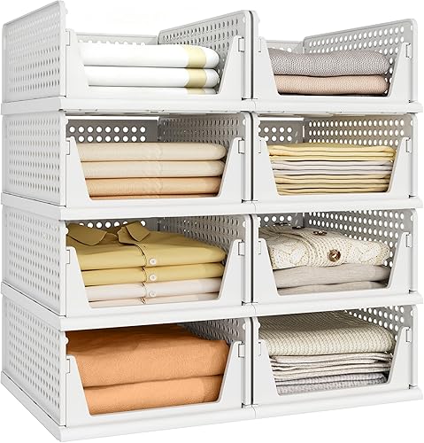 Pinkpum Paquete de 8 organizadores de armario y almacenamiento apilables de plástico, contenedores de almacenamiento plegables para armario, cocina,