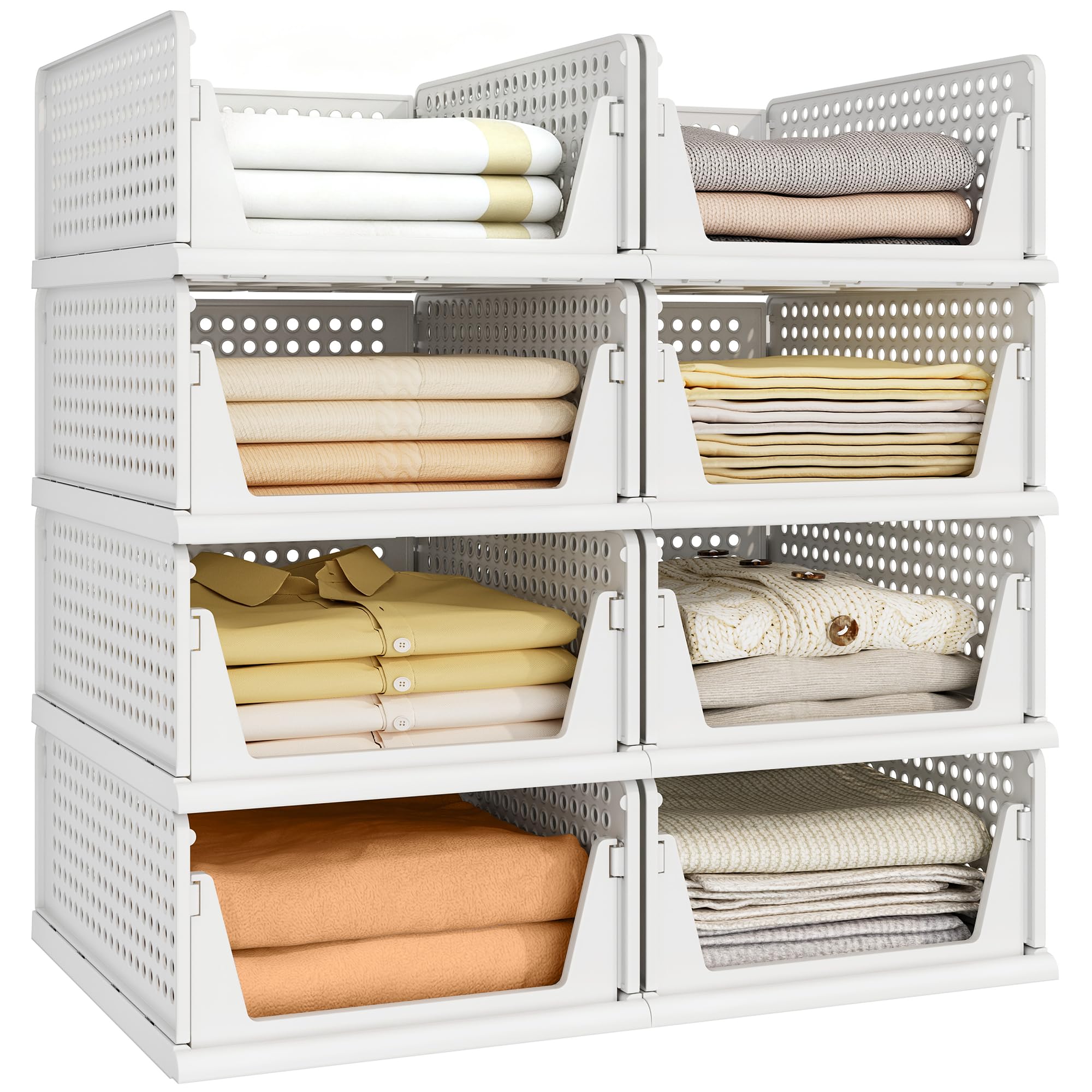 Photo 1 of Pinkpum 8 Pack Closet Organizers and Storage Plastic Stackable Storage Bins, Foldable Drawer Shelf Storage Container for Wardrobe Kitchen Bathroom Dorm White