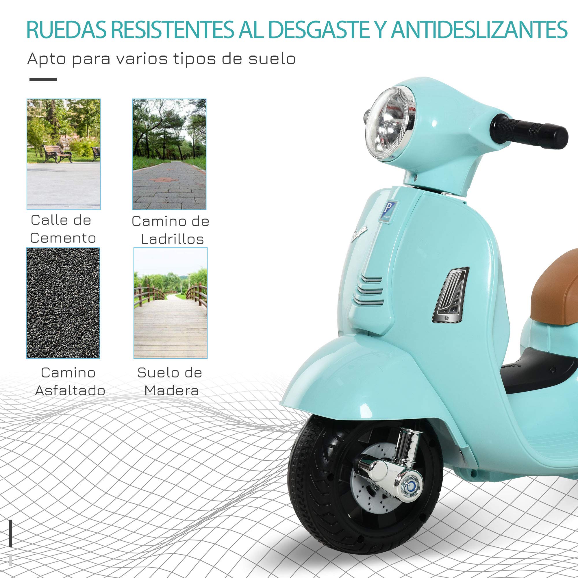 HOMCOM Moto Eléctrica Vespa para Niños de 18-36 Meses Moto de Batería 6V con Faro Bocina y 4 Ruedas Motocicleta Infantil con Licencia 66,5x38x52 cm Verde