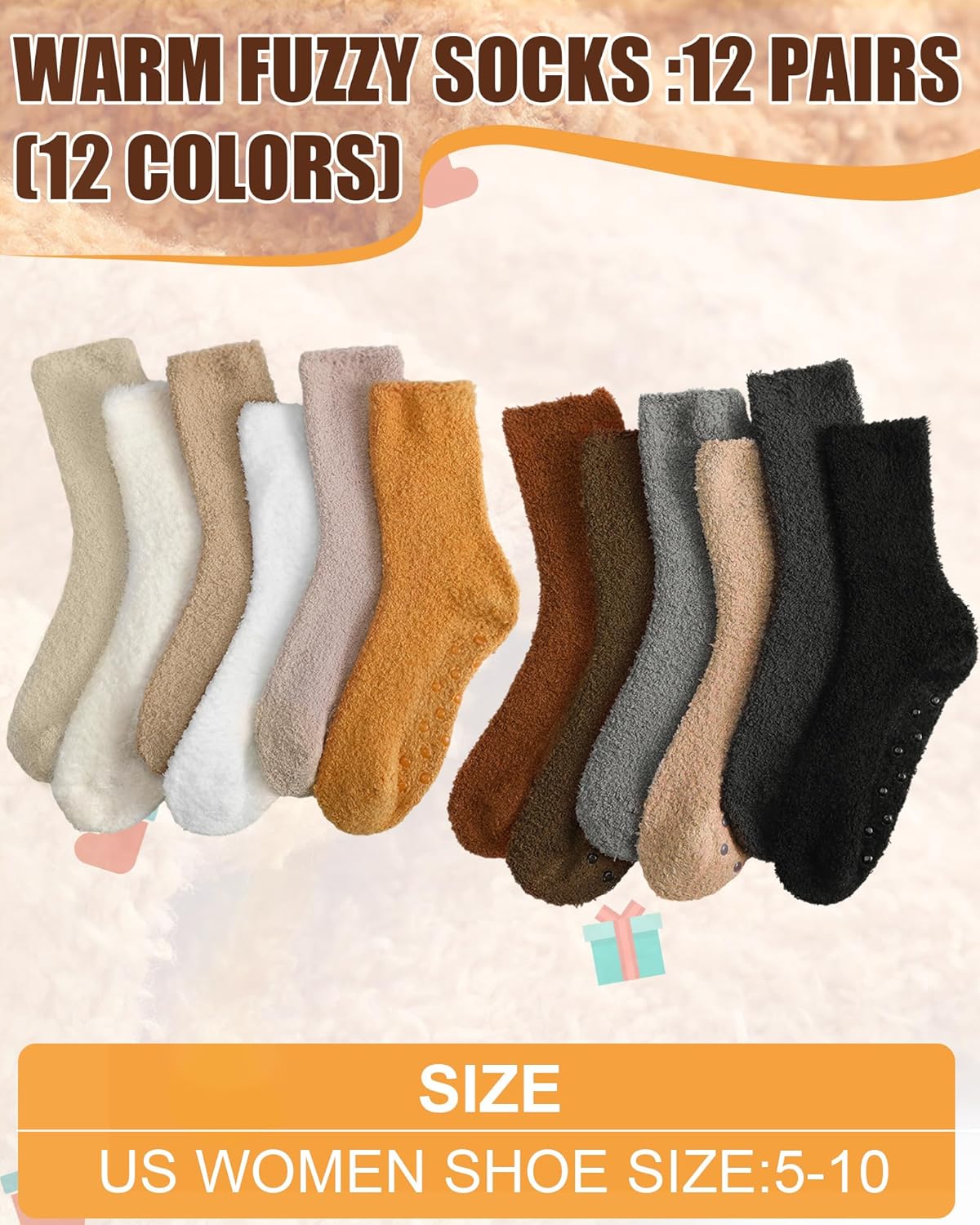 Eurzom 12 Pairs Fuzzy Socks with Grips for Women Warm Winter Non Slip Fluffy Grippy Slipper Socks Neutral Gripper Valentine's Day Gifts for Indoor Thermal Plush Home Sleep Hospital Bag Essentials - Image 3