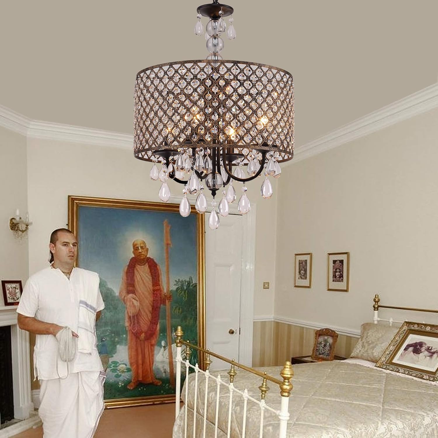 Best Deal Q&S Modern Round Crystal Chandelier Light Fixtures,Black+Antique Copper Beaded Drum Shade Pendant Hanging Lighting Perfect for Living Room Dining Room Bedroom Kitchen Foyer Entryway,E12 4-Lights.