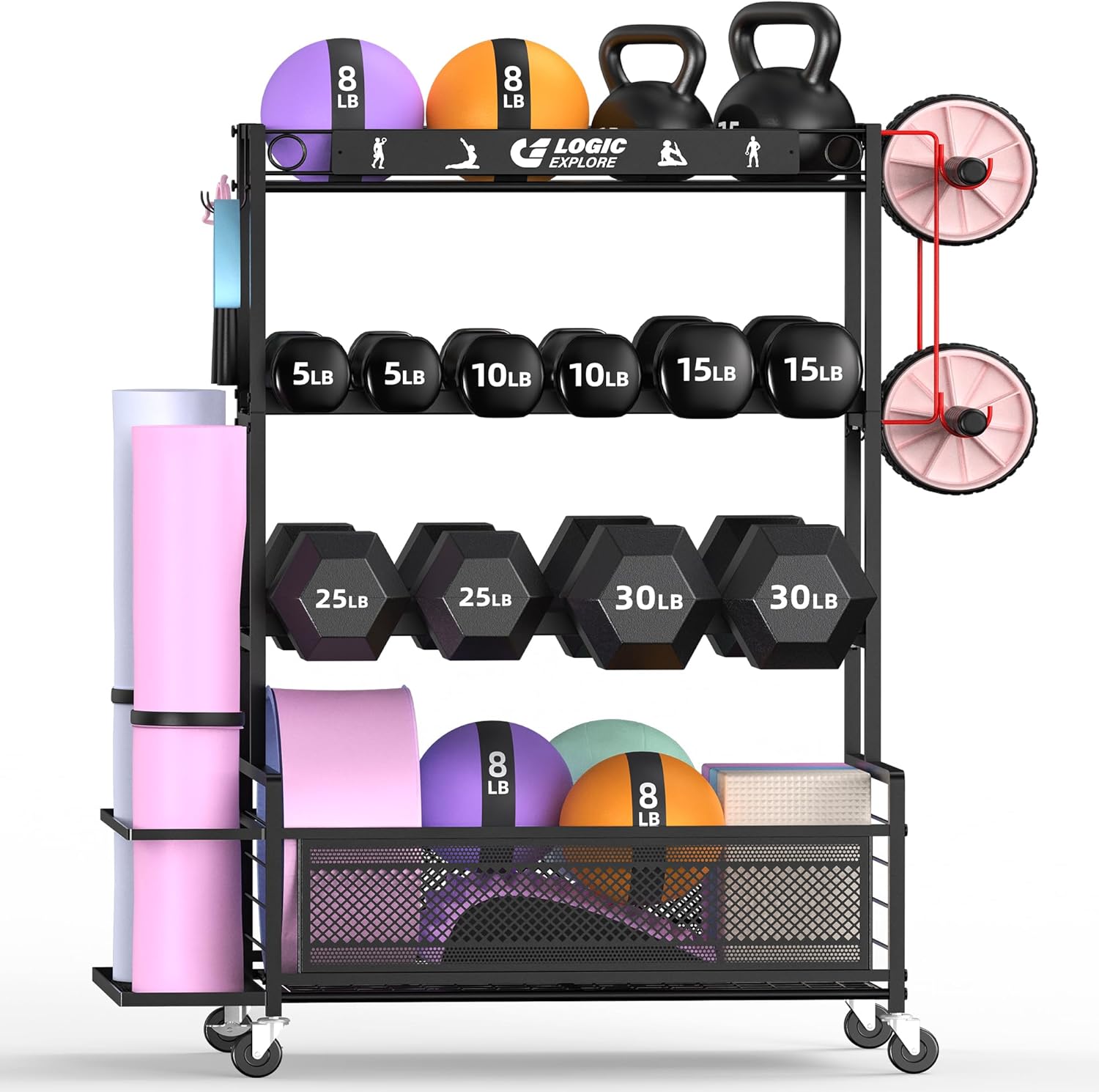 Dumbbell Rack Weight Storage Stand, Adjustable Weight Rack with Wheels, Metal Workout Equipment Storage Organizer, Home Gym Storage Organizer for Dumbbells, Kettlebells, Yoga Mat, Foam Roller