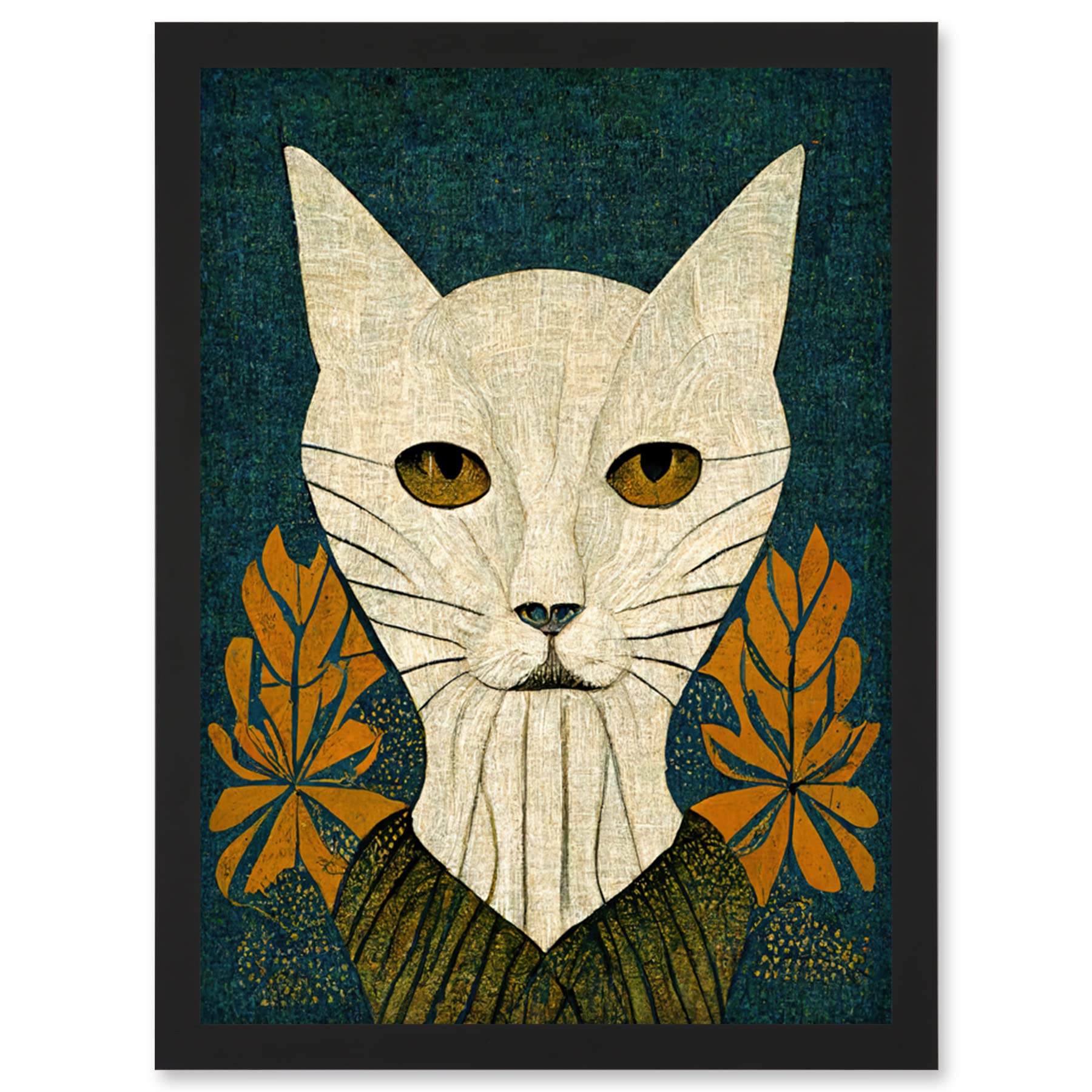 Doppelganger33 LTD Elegant Cat Illustration William Morris Style Teal Mustard Artwork Framed Wall Art Print A4