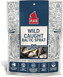 Plato Pet Air-Dried Baltic Sprat Fish Dog Treats - Single Ingredient, Omega 3 & 6 for Skin, Coat & Digestion - Wild Caught 7.5 oz