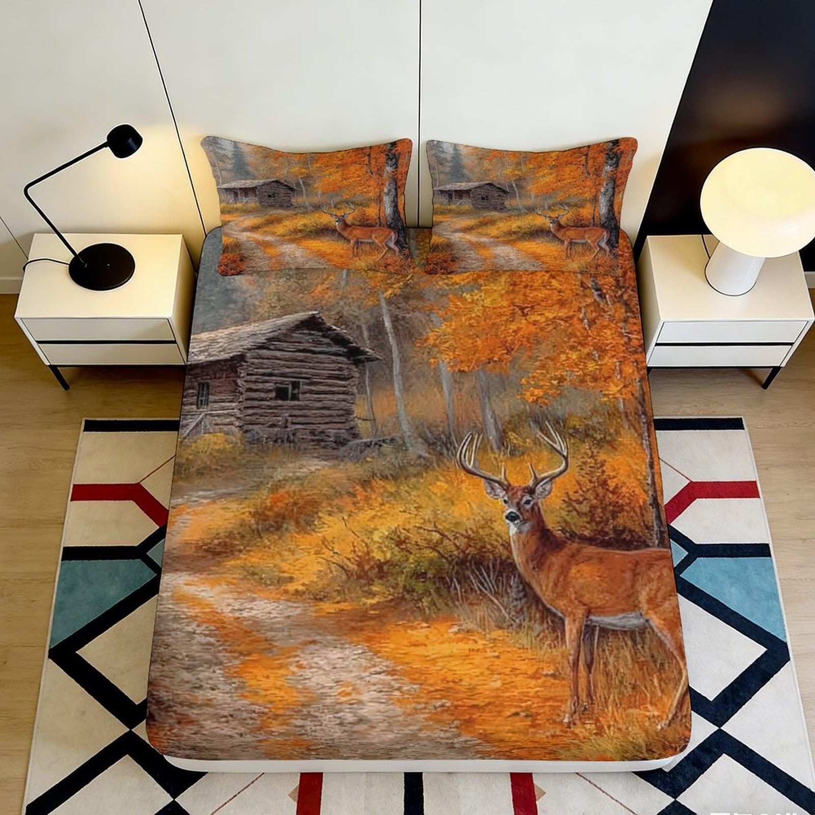 3D Printed Autumn Forest Fitted Sheet Microfiber Soft Deer Cabin Mattress Cover for Bedroom Guest Room Decor 90x200x25cm
