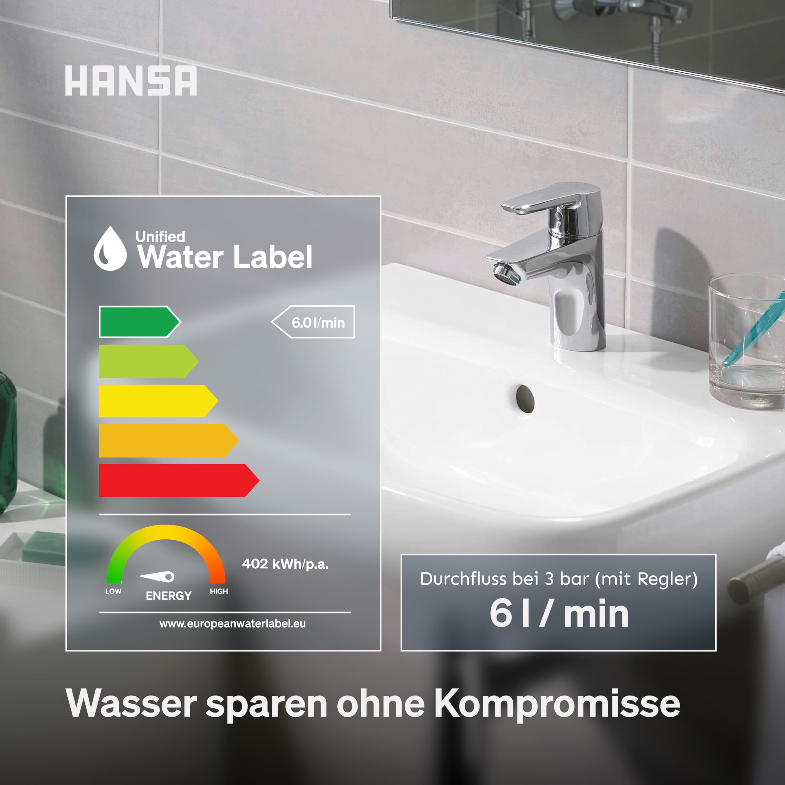HANSA POLO Waschtischarmatur I Wasserhahn Badezimmer mit Temperatur & Wassermengenbegrenzer | Mischbatterie Bad aus Messing | Inkl. Ablaufgarnitur mit Zugstange | Einhebelmischer Waschbecken | Chrom