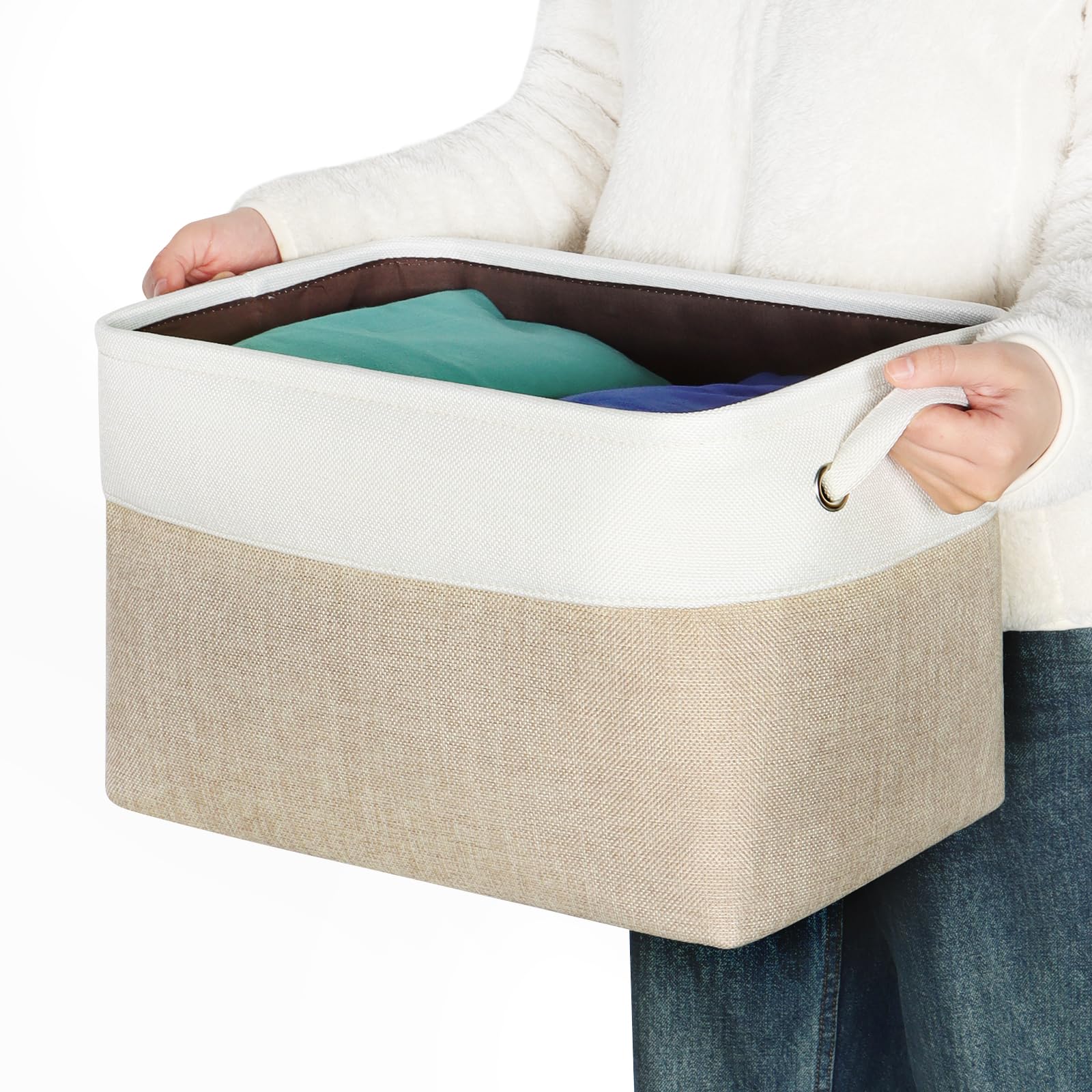 KEEGH Juego de 3 cestas de almacenamiento de tela, cajas de almacenamiento de 15 pulgadas para estantes, almacenamiento plegable para almacenamiento de parte inferior dura, cesta de tela con asa