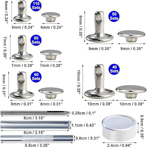 Miniatura 2 de YORANYO 340 juegos de remaches de cuero, remaches de varios tamaños para cuero, remaches de doble tapa, tachuelas para ropa, tela con remaches de