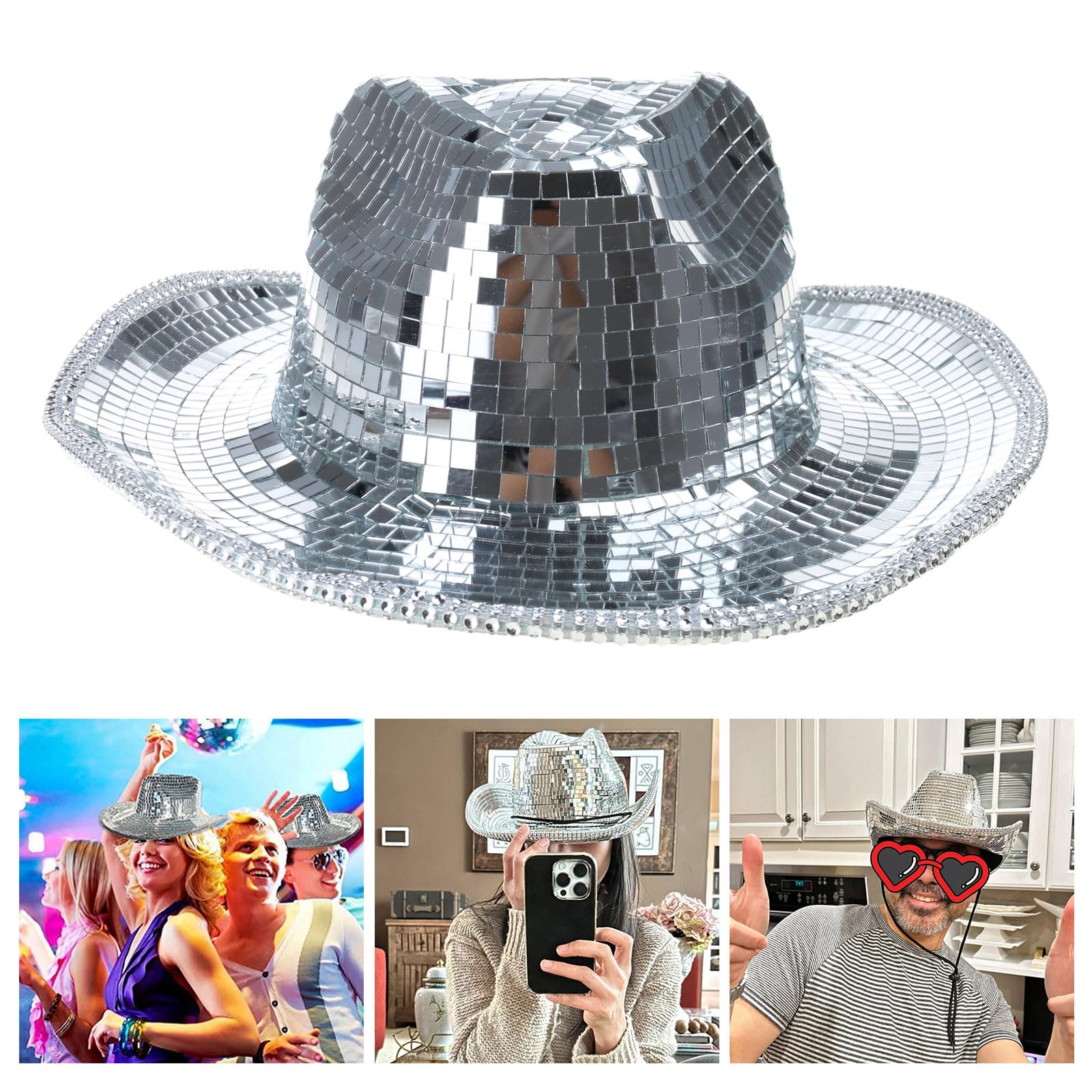 Morain Cappello da cowboy, cappello per dj, cappello da festa con paillettes, per palcoscenico, club, feste, danza, Fondo con vetro, 3-4