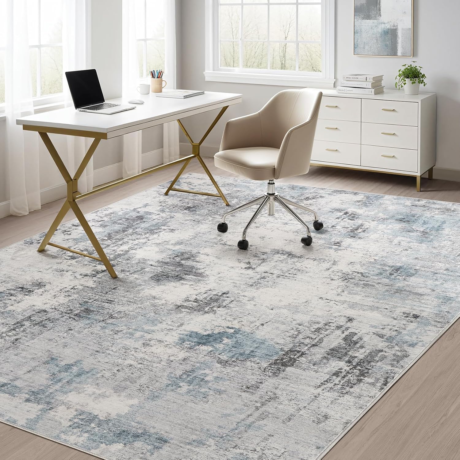 Washable Rug 9x12 Area Rugs for Living Room: Modern Abstract Neutral Soft Carpet for Bedroom Dining Room Under Kitchen Table Home Office Decor - Grey Blue