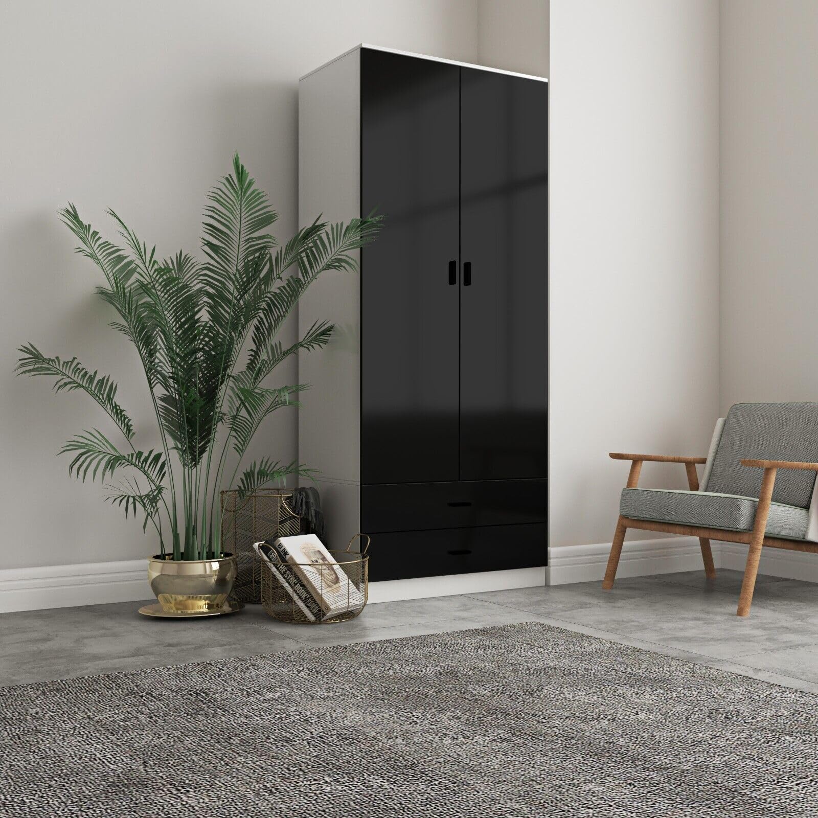 URBNLIVING Glossy Tall 2 Door Wardrobe Bedroom Storage with Hanging Rail Modern Furniture