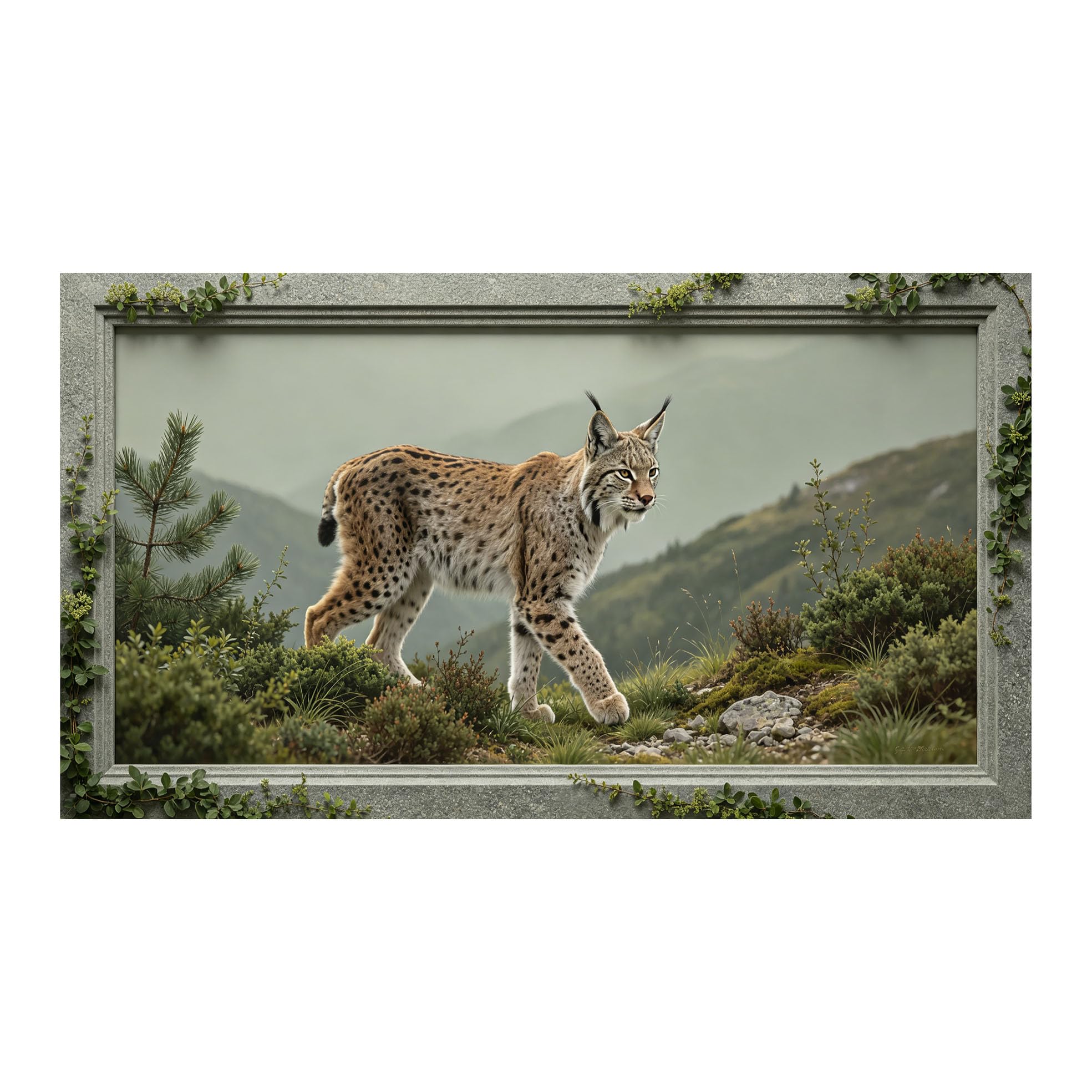 Murasolite 3D 3D Framed Wall Art 50cm×90cm Mountain Lynx Wildlife Landscape Oil Painting Style SelfAdhesive Fabric Mural Wall Decor, Peel and Stick No Damage to Wall for Bedroom Living Room