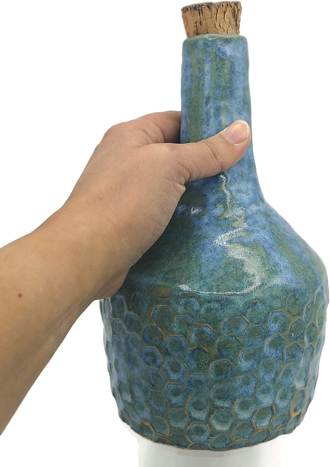 Big Handmade Decorative Ceramic Bottle with Cork and Honeycomb Texture