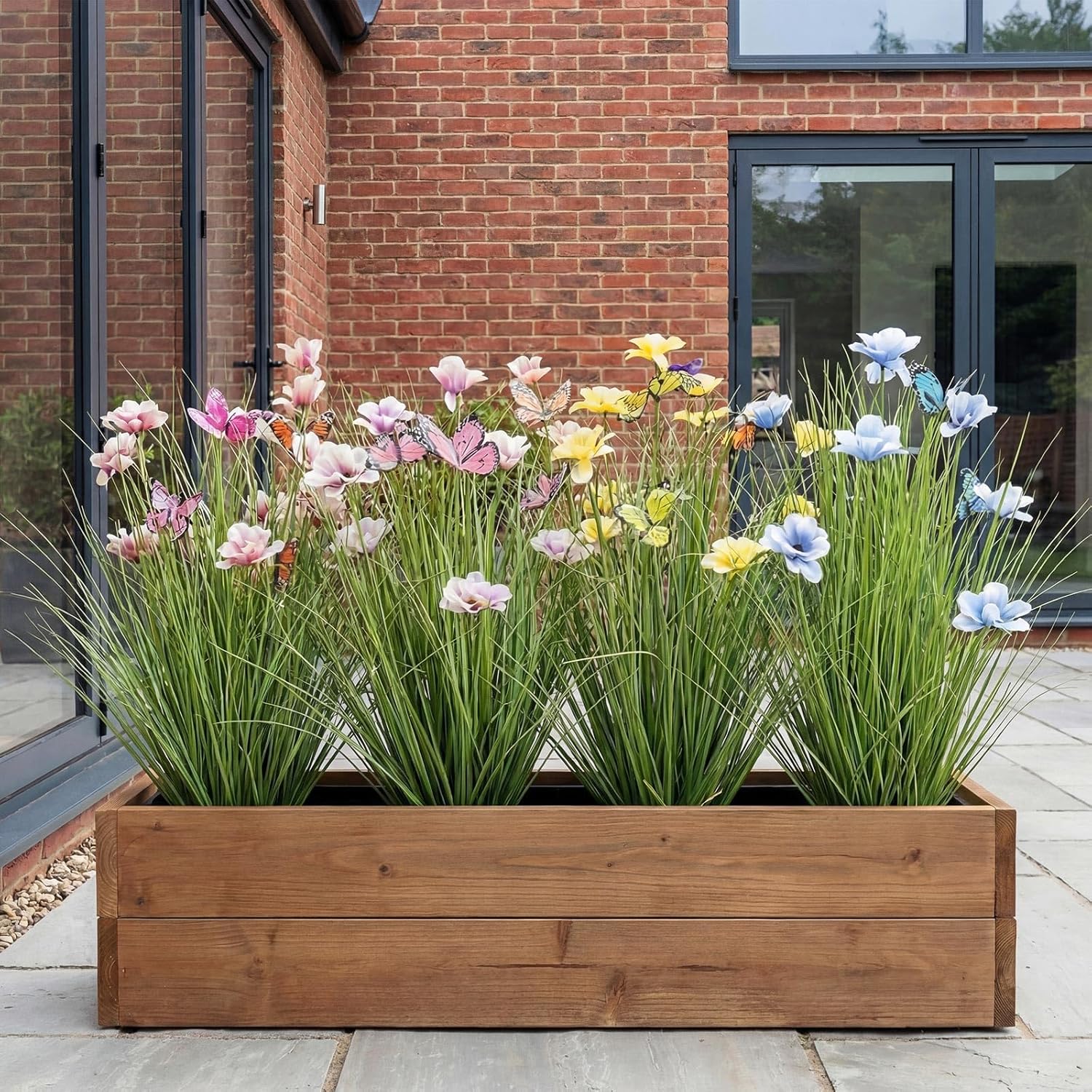 Jexine 4 Pcs Artificial Plants Outdoor 20 Inches Fake Urn Planter Vase Filler Indoor Artificial Onion Grass with Flowers and Butterflies for Home Vase Decor Indoor Outdoor