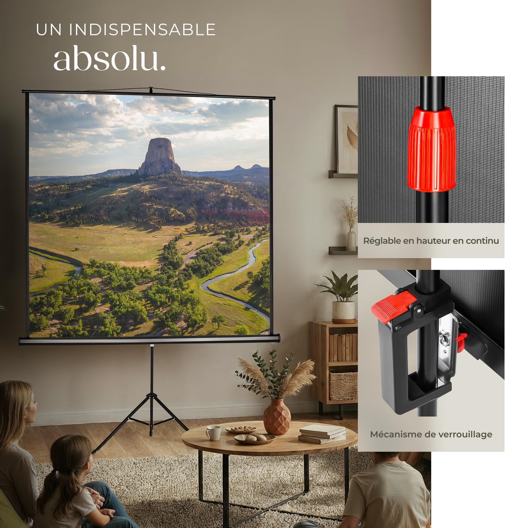 tectake® Écran de Projection avec trépied 203 x 203 cm, Toile projecteur 110" Format 1:1/16:9/4:3, Compatible HDTV et 3D, Ecran Projection rétractable pour videoprojecteur, Facteur de Gain 1.0