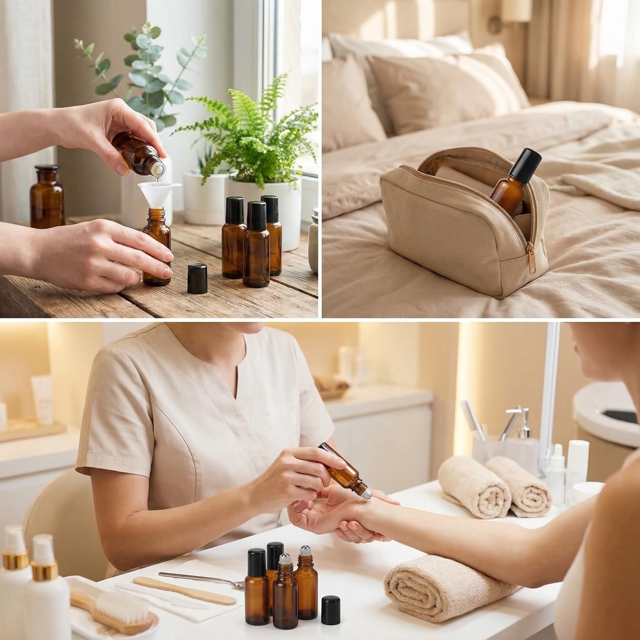 3 flaconcini vuoti di alta qualità da 50 ml in vetro, ricaricabili, con roll-on, per oli essenziali, profumi, essenze, con sfera in acciaio inox e coperchio nero