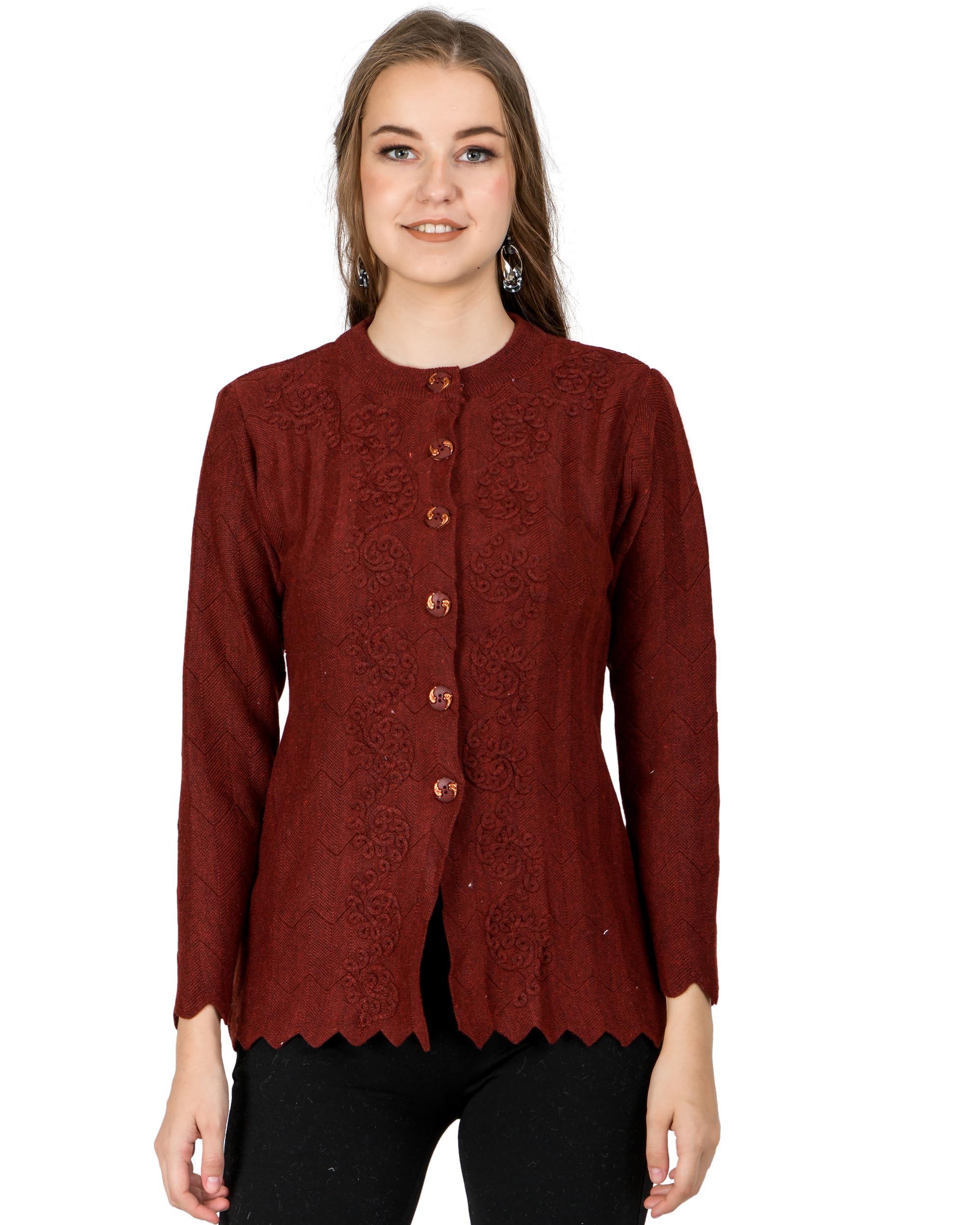 Women Woolen Round Neck Cardigan Sweater Heavy Front Long Kadai Cardigan Winter Wear Pure Wool Cardigan for Women Free Size Cotty Warm Cardigans with Side Pockets (XS, Maroon)-image-41