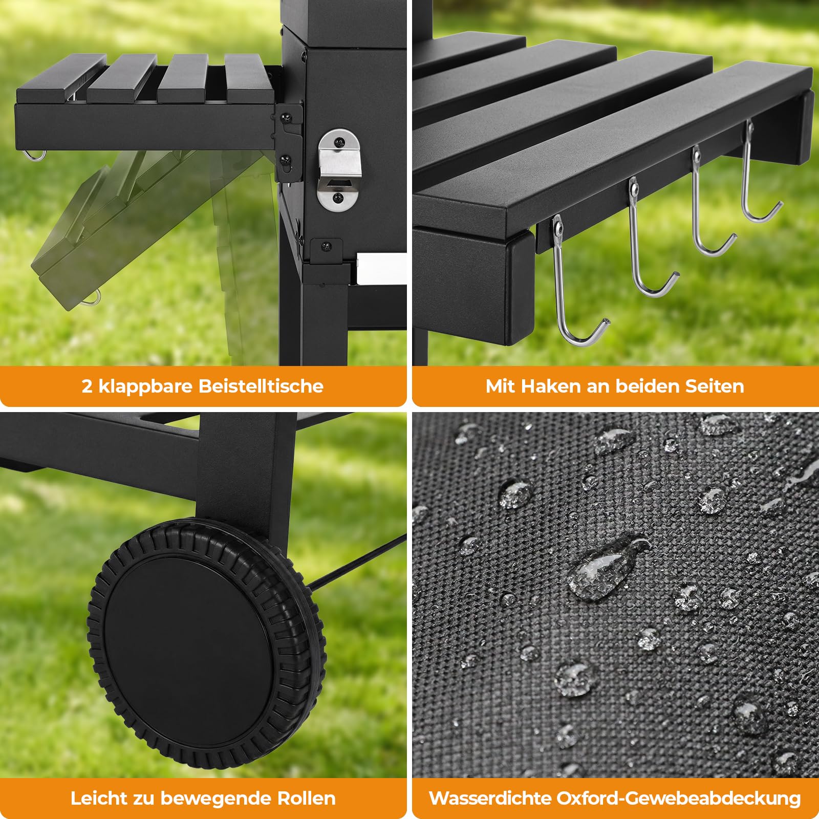 LIFERUN Parrilla de Carbón XXL con Tapa, Carrito Barbacoa con Cubierta Impermeable, Ruedas y Termómetro, Altura ajustable, Grande BBQ Smoker para Camping y Jardín, 122x104x54,5 cm