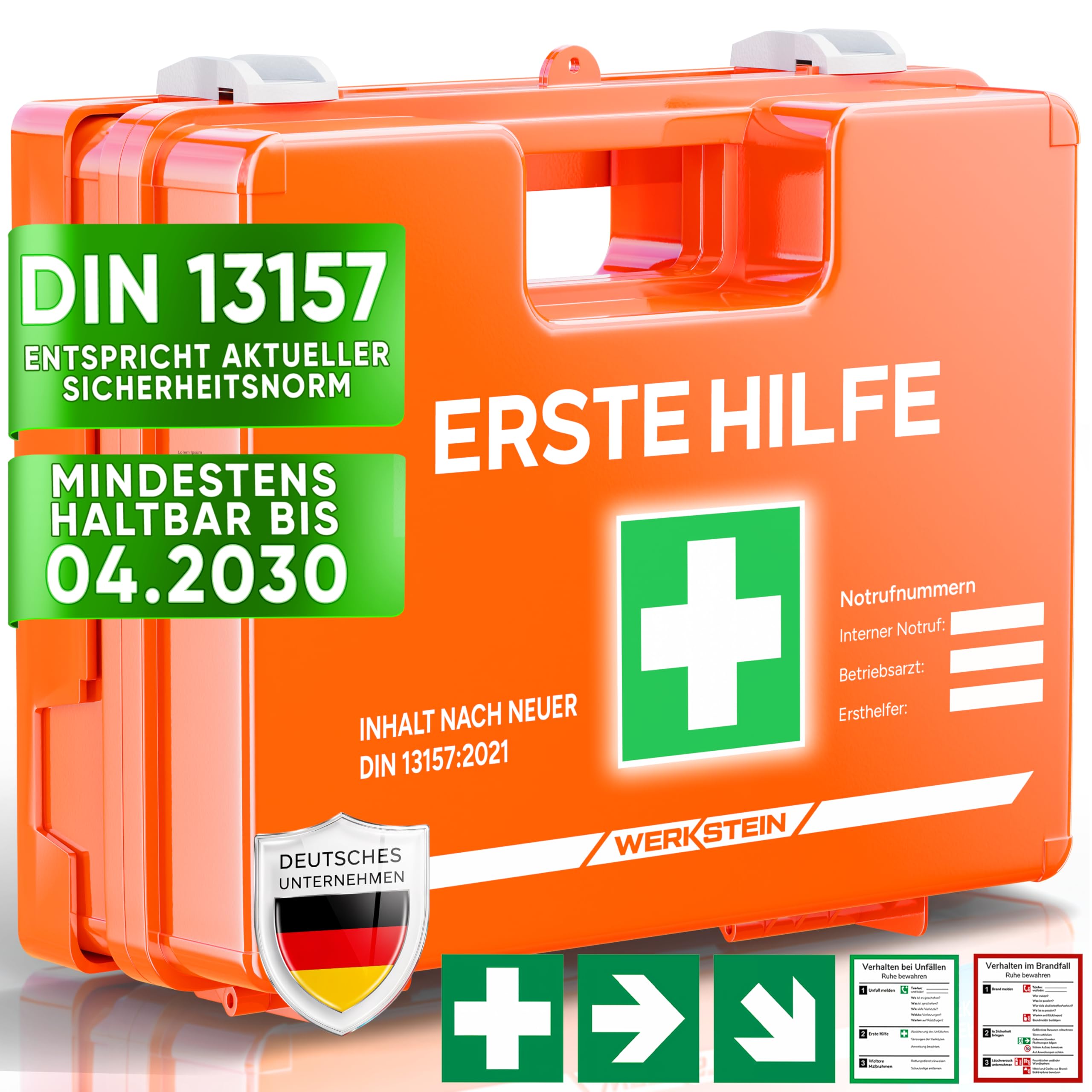 WERKSTEIN® Erste Hilfe Kasten [DIN 13157:2021] inkl. Wandhalterung, 5x Aufkleber & Plombe - Verbandskasten Betrieb - Erste Hilfe Koffer für Betrieb, Büro & Zuhause - Erste Hilfe Set - Sanitätskasten