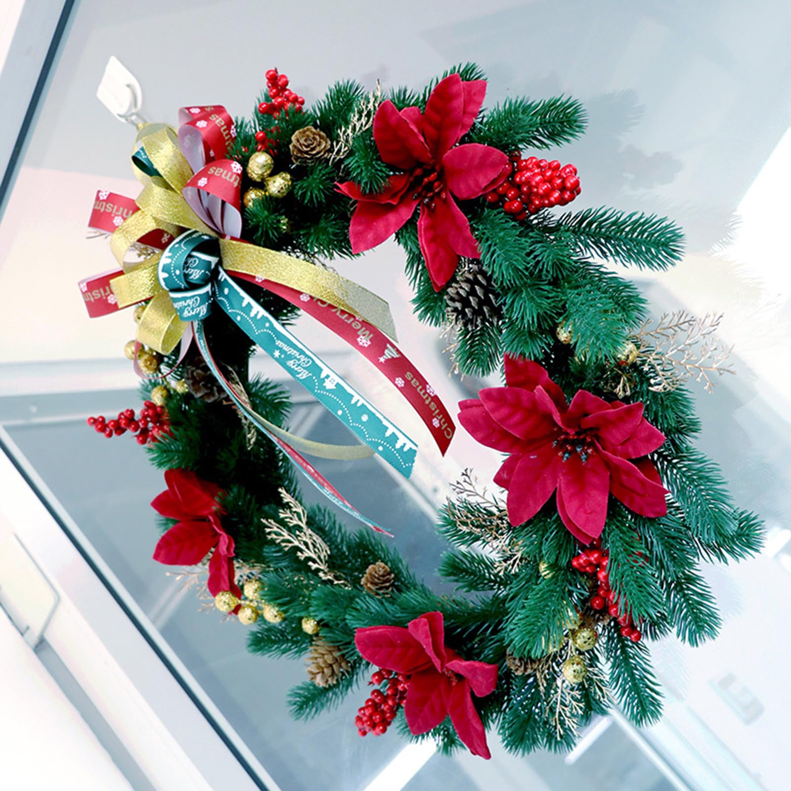 Corona de Navidad artificial de invierno con piña, frutos rojos, hojas de pino, árbol de puerta delantera, decoración de pared, corona de Navidad, contenedor de almacenamiento, grande