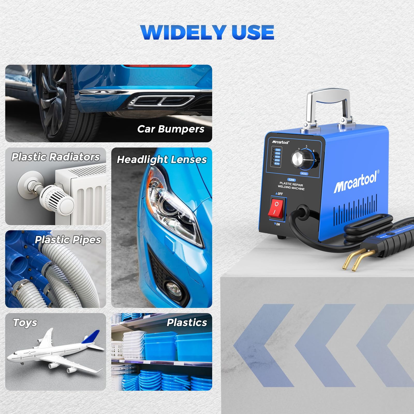 MR CARTOOL Saldatore per Plastica con 600pcs Graffette, Kit di Riparazione Paraurti Auto con 15W/35W/45W/65W/80W Regolabile, 220V Plastica Saldatrice Pistola Riparazione Macchina (Blu)