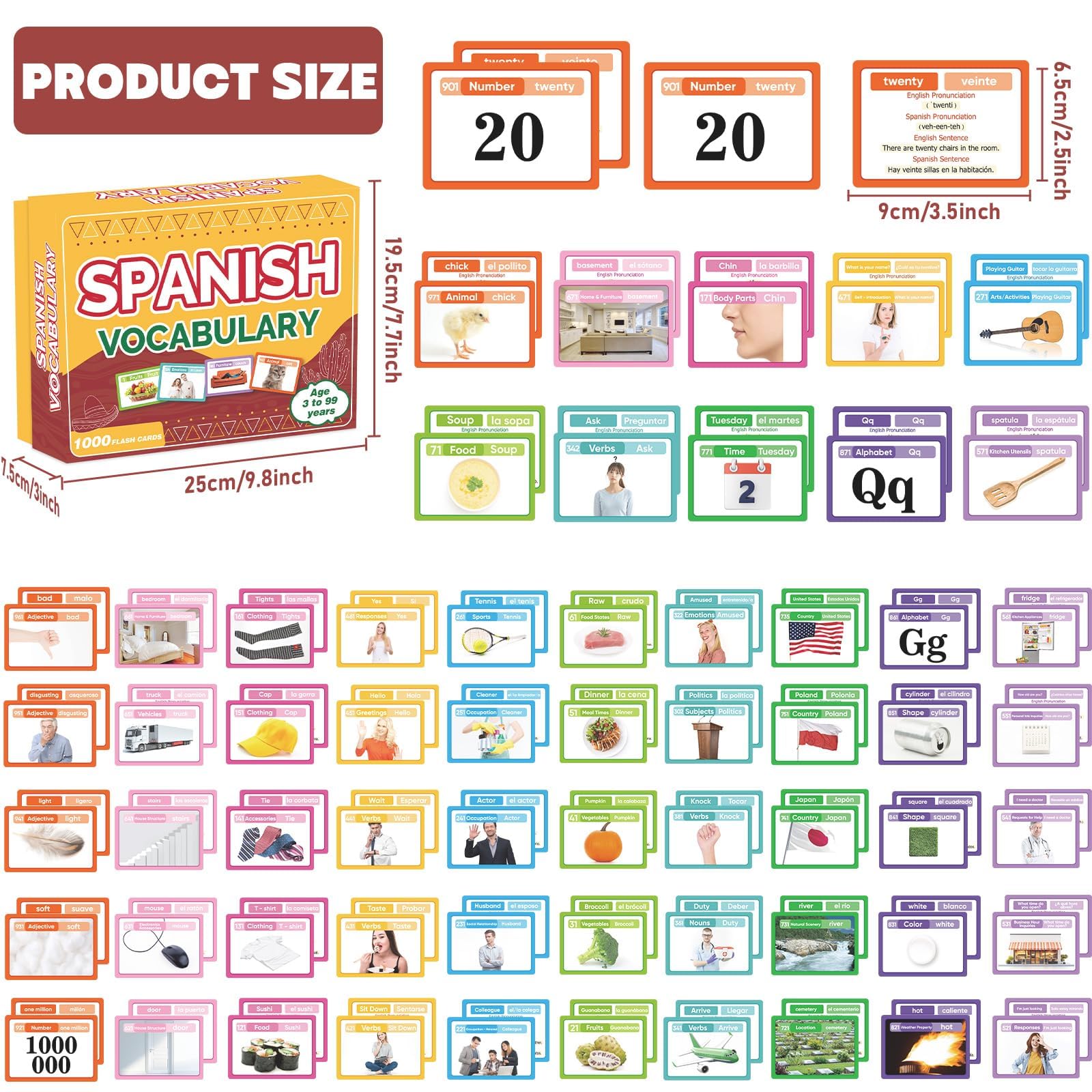 1000 schede flash per vocabolario spagnolo inglese spagnolo frasi di esempio pronunce carte di apprendimento per adulti principianti scuola casa viaggio memoria di riferimento rapido educativo lingua