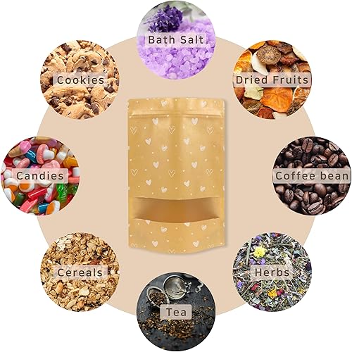 Miniatura 3 de 100 bolsas de pie con ventana, bolsas de papel kraft con cierre de cremallera, 7 x 10.2 pulgadas, bolsas de pie reutilizables, bolsas de