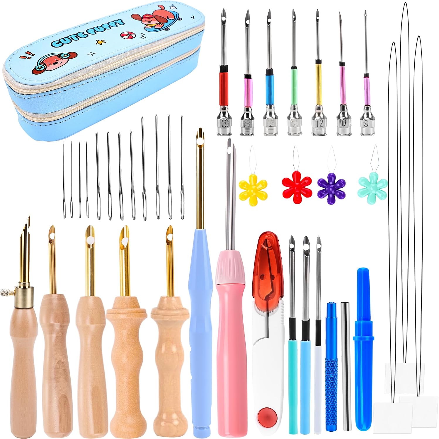 44 Pcs Punch Needle Embroidery Kit Punch Needle Kit Adult Beginner Punch Needle Tool Adjustable with Wooden Handle Threaders Scissors for Beginners