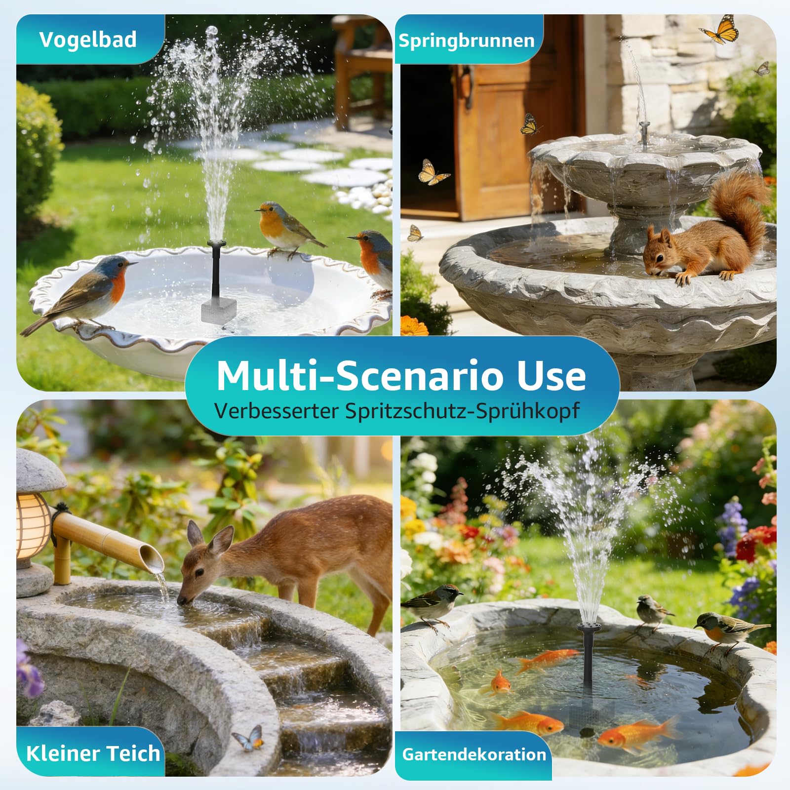 Solarvogelbrunnenpumpe, 7.5W Außen-Solarwasserpumpe mit 7+ Sprühmodi & 1.5m Schlauch, DIY Solarpumpe für Garten, Teiche, Pools und Aquarien