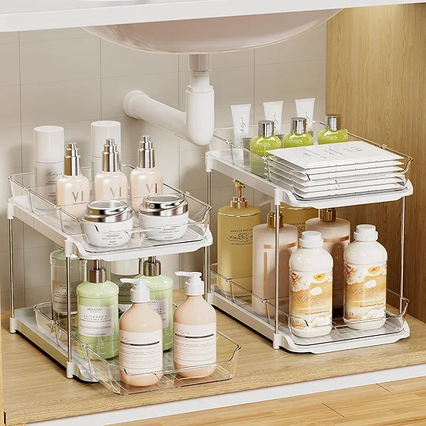 LAMU 2 Pack Bathroom organizers and storage, 2-Tier Stackable Under Sink Storage with Pull-Out Drawers & Dividers, Medicine Cabinet Organizer for Kitchen Pantry Organization