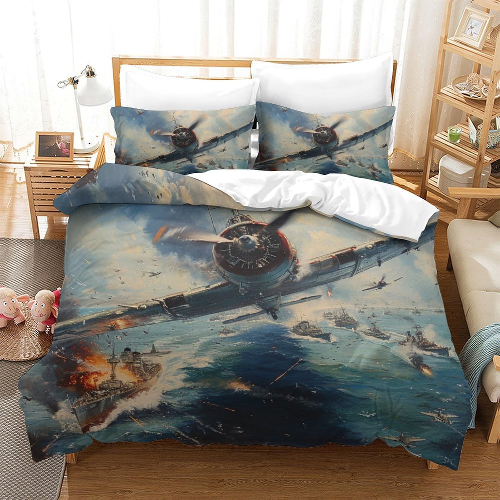Housse de couette 3 pièces avec taies d'oreiller King avions 3D