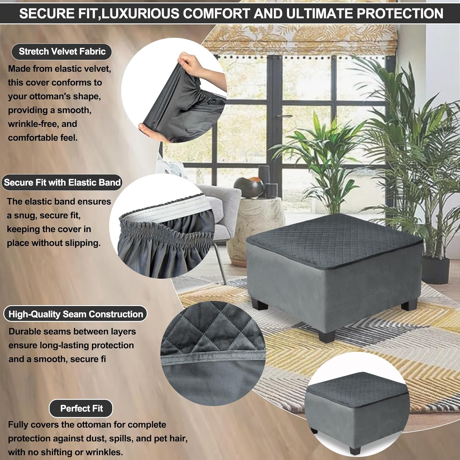 NeColorLife Waterproof Square Ottoman Cover,Thick Stretch Velvet Slipcover for Footstool,Non-Slip Soft Furniture Protector for Pets and Dogs,Beige,Large