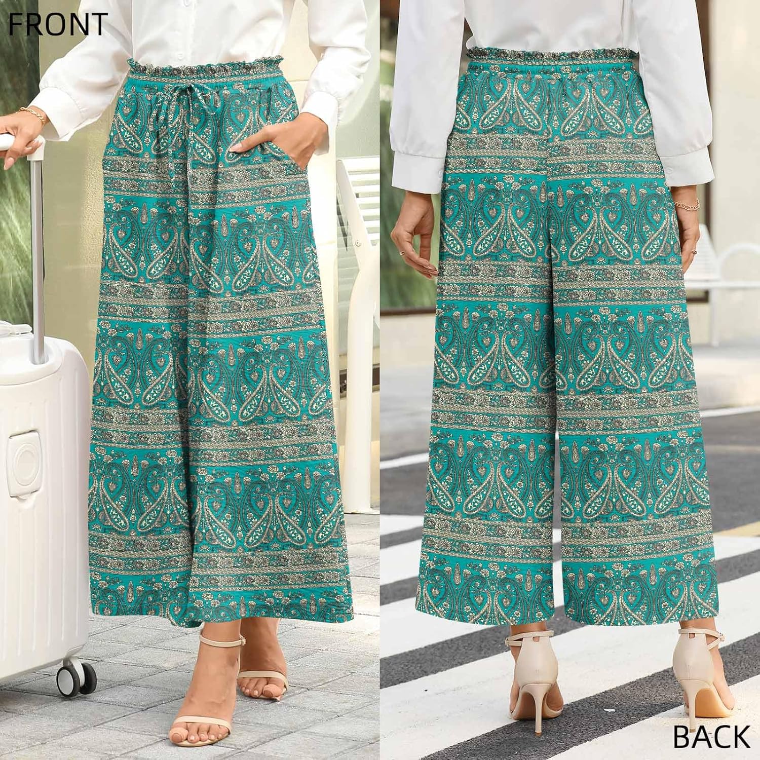 Bestbee Women's Wide Leg Palazzo Pants Dressy Casual Gaucho Pants Elastic Waist with Pockets - Image 5