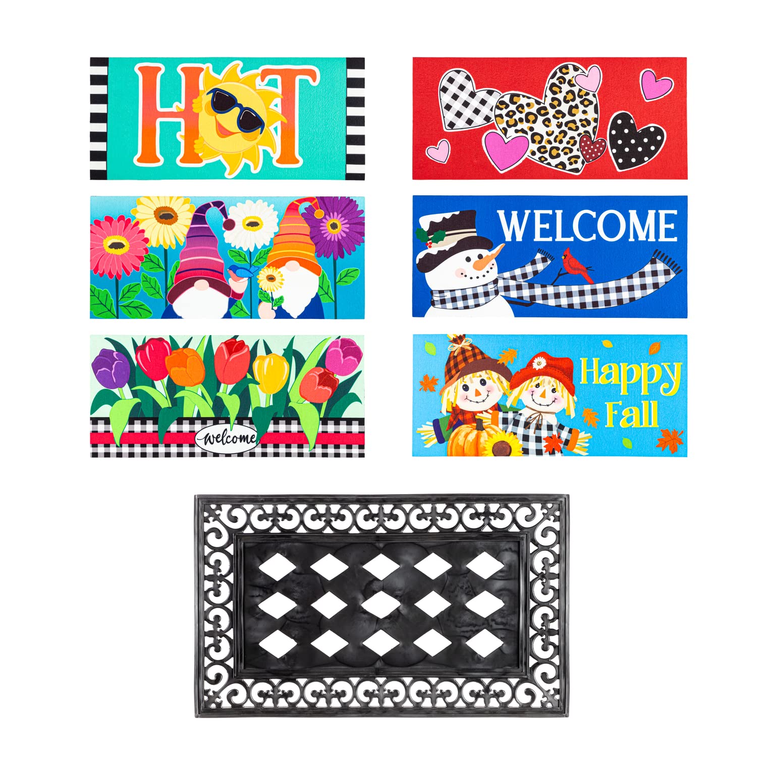 Evergreen Sassafras Bundle - Set of 6 Whimsical Interchangeable Entrance Doormats | Indoor and Outdoor |22-in x 10-in doormats and 30-in x 18-in Tray | Non-Slip Backing | Low Profile | Home Décor